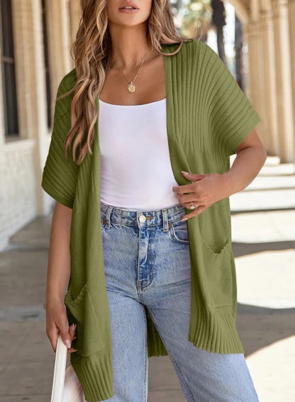 2025 New Women's Short Sleeve Pleated Lightweight Open Front Cardigan