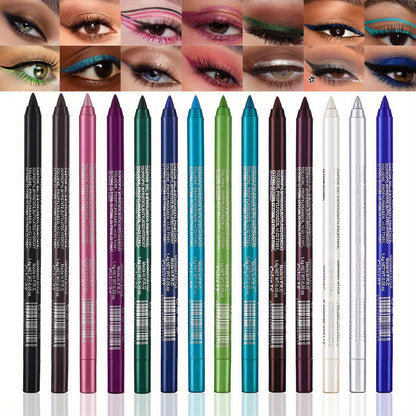 💧14-Pack Waterproof Colored Gel Eyeliner Pencil – Metallic & Shimmer Finishes, Smudge-Proof（Pencil sharpener color is random）