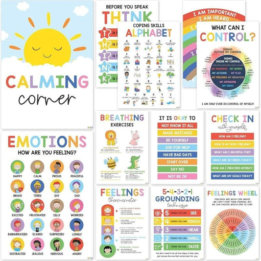 🔥12 Calming Corner Classroom Posters - Feelings Wheel Chart & Emotions Poster For Kids