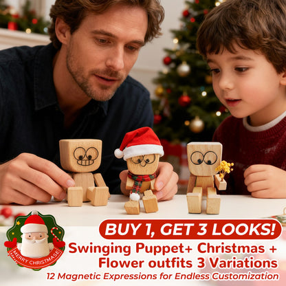 Buy 1 Get 3 Looks🔥Charming Little Swaying Wooden Figure with 3 Looks (Xmas & Flower) & 12PCS Magnetic Expressions