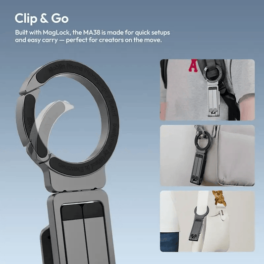 New🎥Magnetic Phone Tripod for iPhone, MA38 Portable Phone Holder Mini Tripod for Magsafe with Double-Sided Strong Magnetic 1/4'' Arri Locating Hole Foldable Hook
