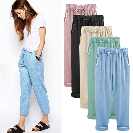 Women's trousers with elasticated waistband in plain colour / seven-quarter trousers