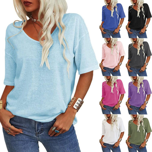 🏆Flash Sale⚡Women's Solid Color V-Neck T-shirt