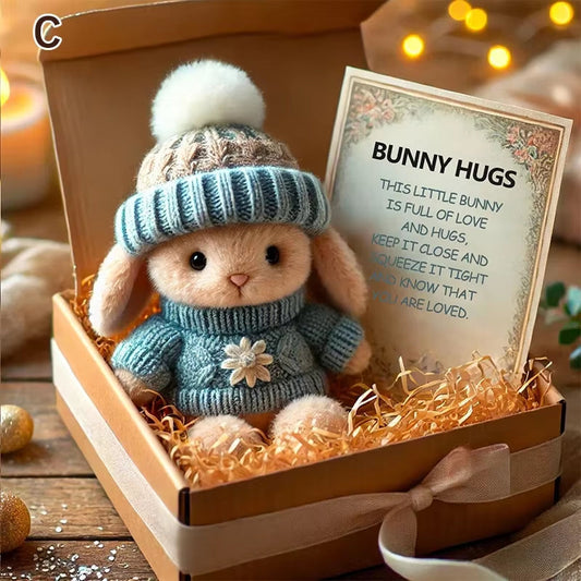 Mini Bunny Hug – Plush Easter Bunny with Knitted Hat & Pom-Pom, Pocket Emotional Support Rabbit w/ Gift Box & Card