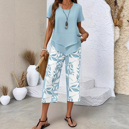 💥Last Day Special Price:£ 16.99👗Women's 2-Piece Set – Layered Asymmetrical Tunic Top & Printed Wide Leg Pants, Breathable Polyester✨