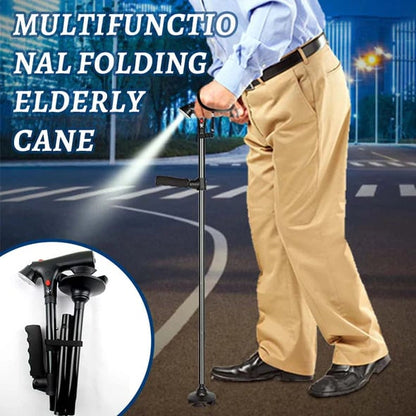 🦯LIMITED-TIME 50% OFF! 💡 Multifunction Folding Walking Cane – Built-In Light, Emergency Alarm, Quad Base & 5-Level Height Adjustment✨