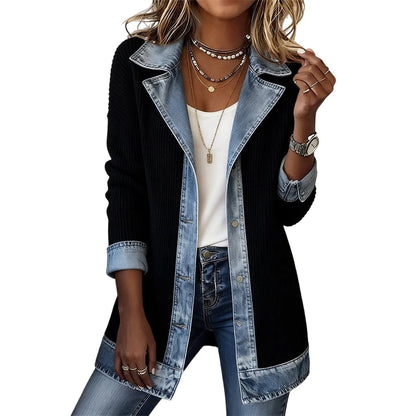 🏆LAST DAY-50% OFF🔥Women’s Elegant Denim Spliced Ribbed Knit Coat